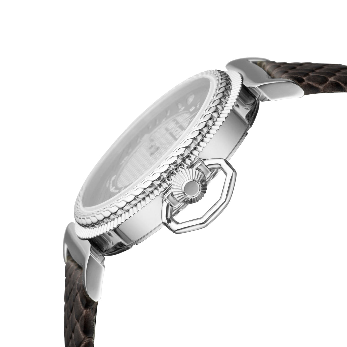 Roberto Cavalli:Womens silver dial brown leather watch