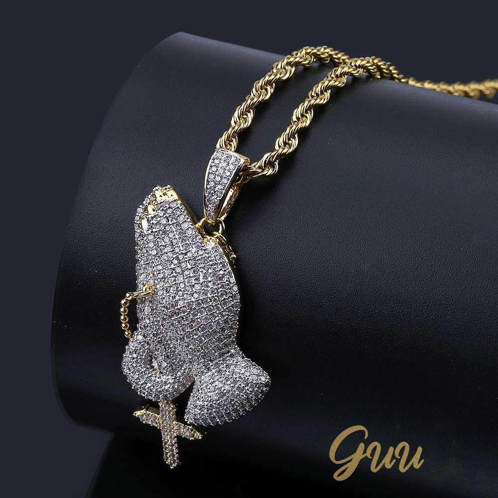 Iced Two-tone Prayer Gesture Cross Hip Hop Pendant Jewelry