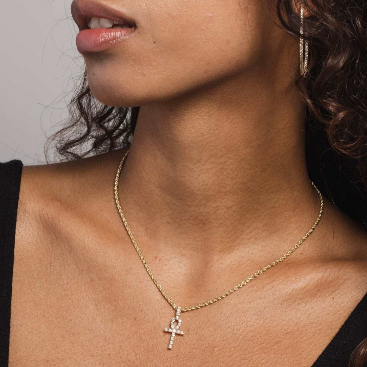 Solid Gold Micro Ankh Cross Pendant-VS Diamonds