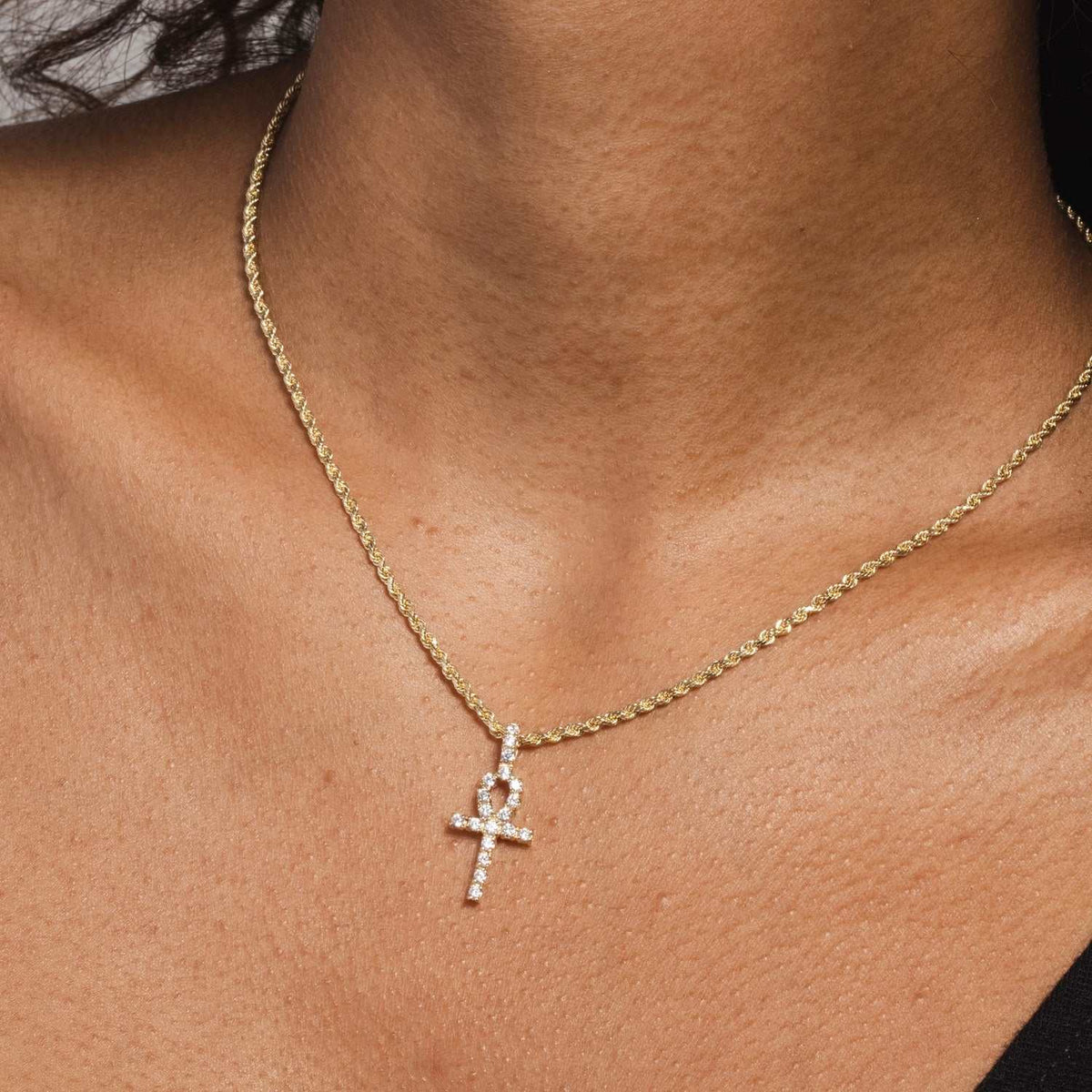 Solid Gold Micro Ankh Cross Pendant-VS Diamonds