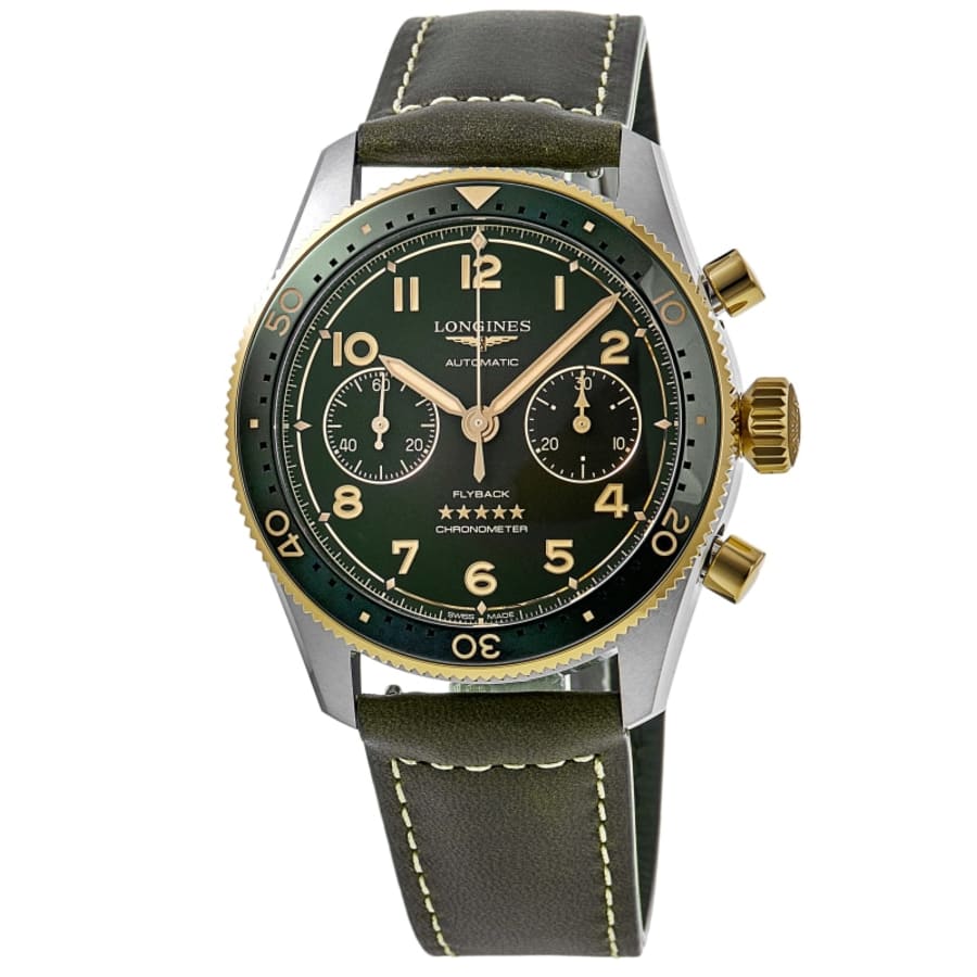 Longines Spirit Flyback Automatic Chronograph Green Dial 18K Yellow Gold Bezel Leather Strap Men's Watch L3.821.5.53.2