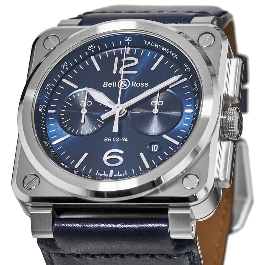 Bell & Ross BR 03-94 Chronograph 42mm Blue Dial Blue Leather Strap Men's Watch BR0394-BLU-ST/SCA
