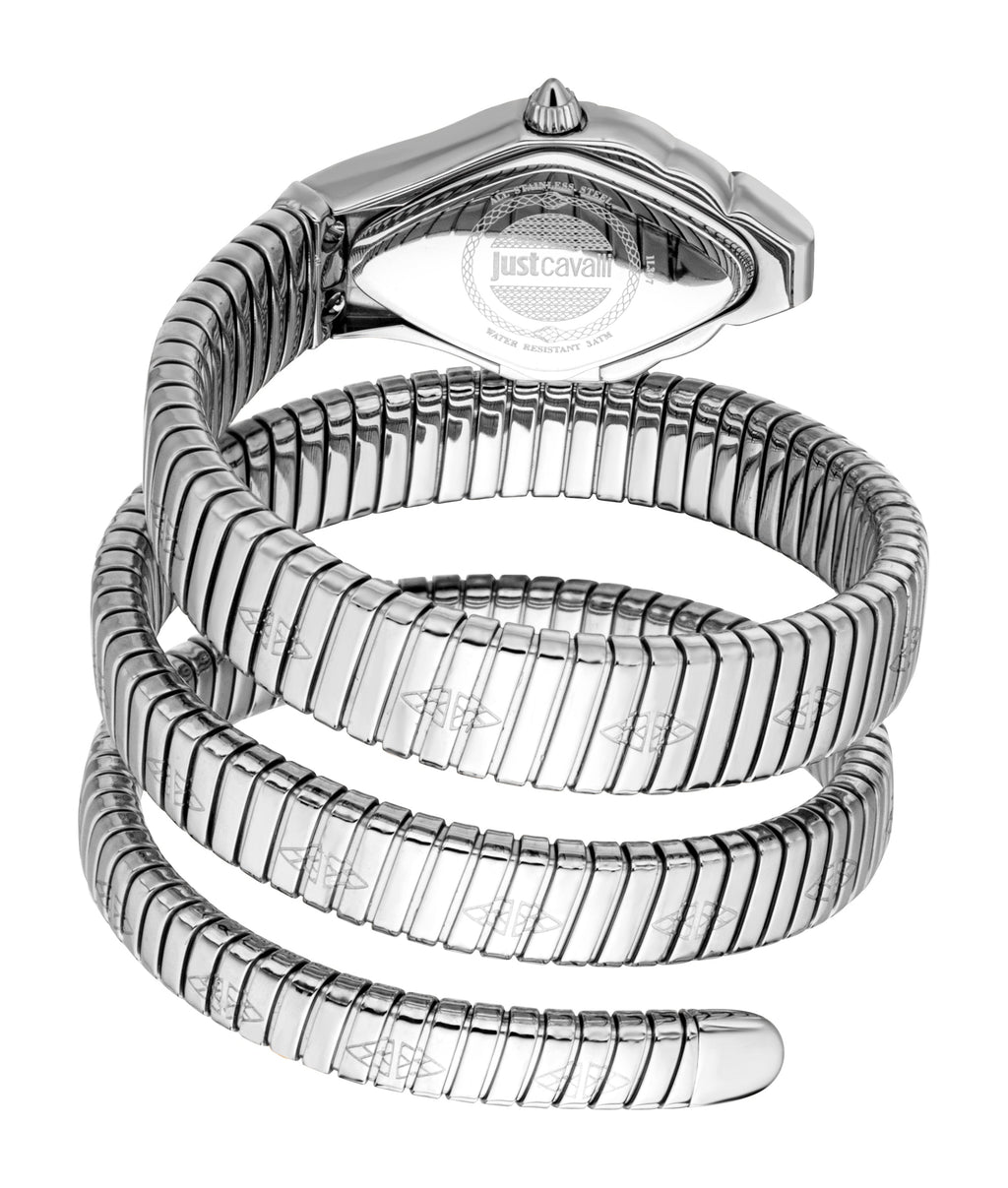JUST CAVALLI Womens's Snake Watch, Silver Color Case, Silver Dial, Stainless Steel Bracelet