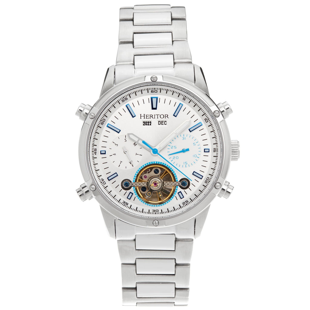 Heritor Automatic Wilhelm Semi-Skeleton Bracelet Watch w/Day/Date - Silver