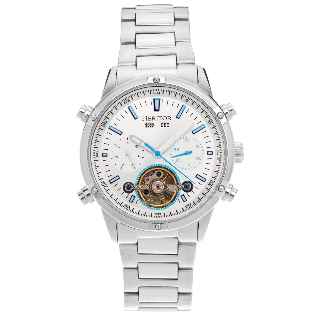 Heritor Automatic Wilhelm Semi-Skeleton Bracelet Watch w/Day/Date - Silver