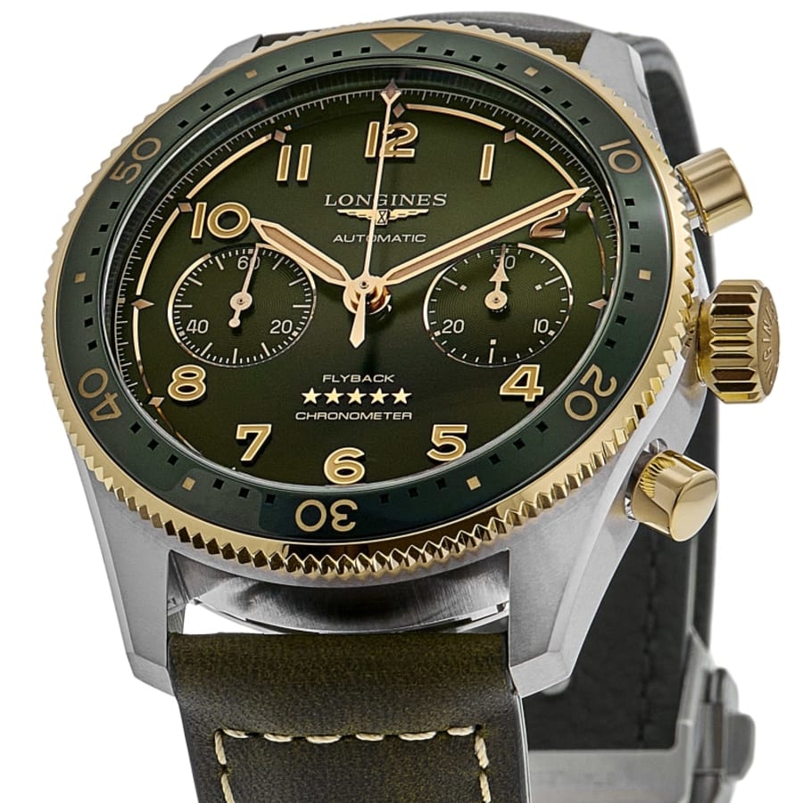 Longines Spirit Flyback Automatic Chronograph Green Dial 18K Yellow Gold Bezel Leather Strap Men's Watch L3.821.5.53.2
