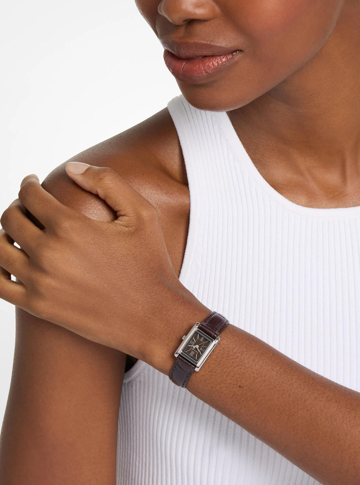 Petite Essex Silver-Tone and Crocodile Embossed Leather Strap Watch
