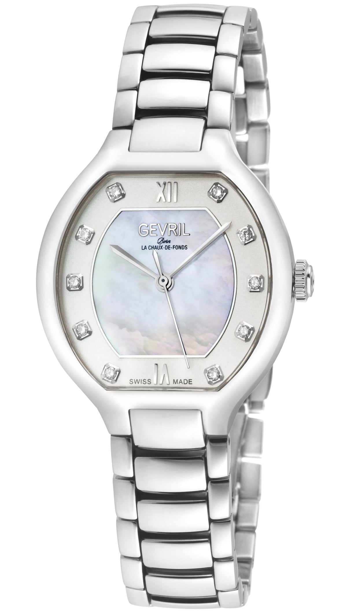Gevril Women's Lugano Swiss Diamond Watch, White MOP Dial,316L Stainless Steel Case, 316L Stainless Steel Bracelet Watch.