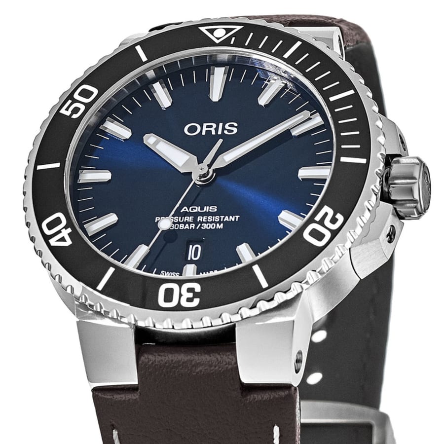 Oris Aquis Date Blue Dial Brown Leather Strap Men's Watch 01 733 7732 4135-07 5 21 10FC