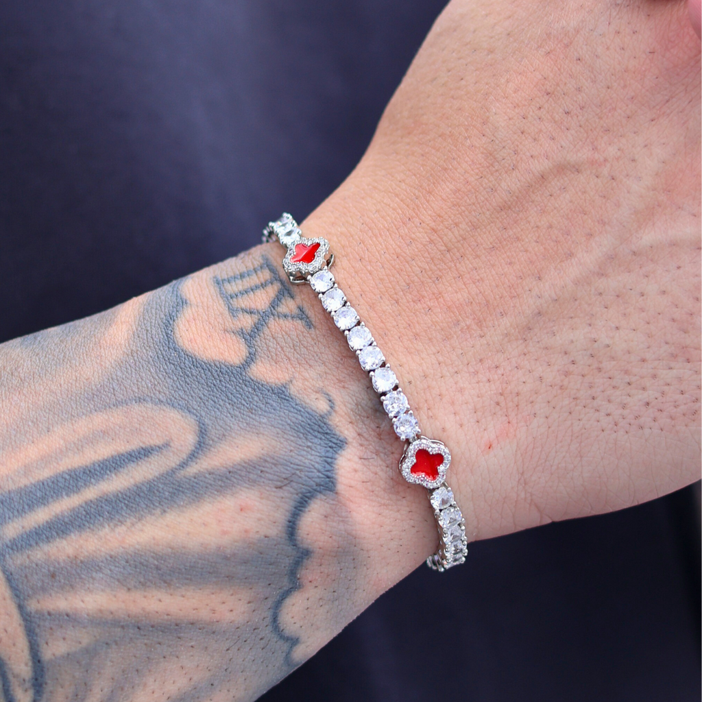 Red Clover Tennis Chain + Bracelet (Silver) - 4mm