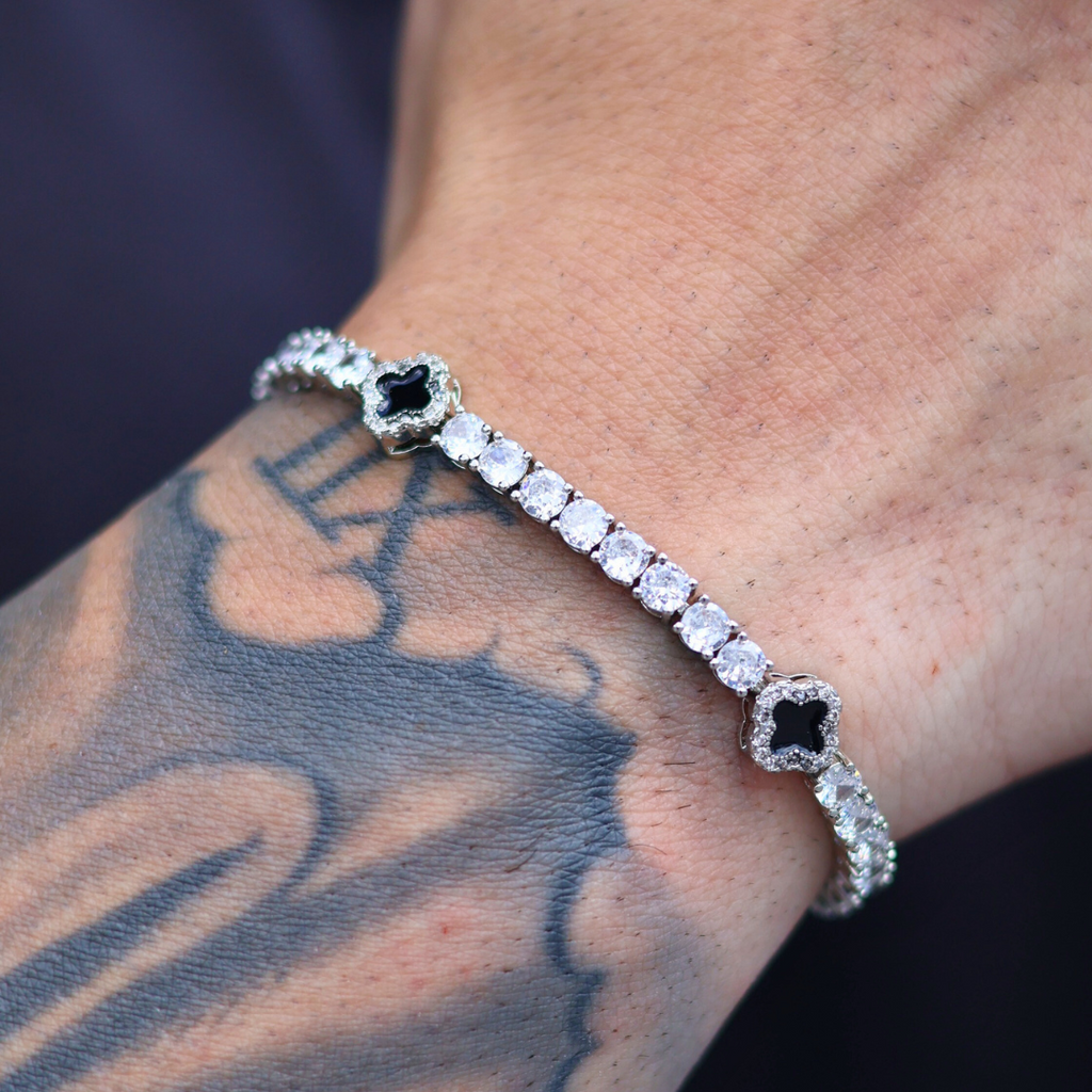Black Clover Tennis Chain + Bracelet (Silver) - 4mm