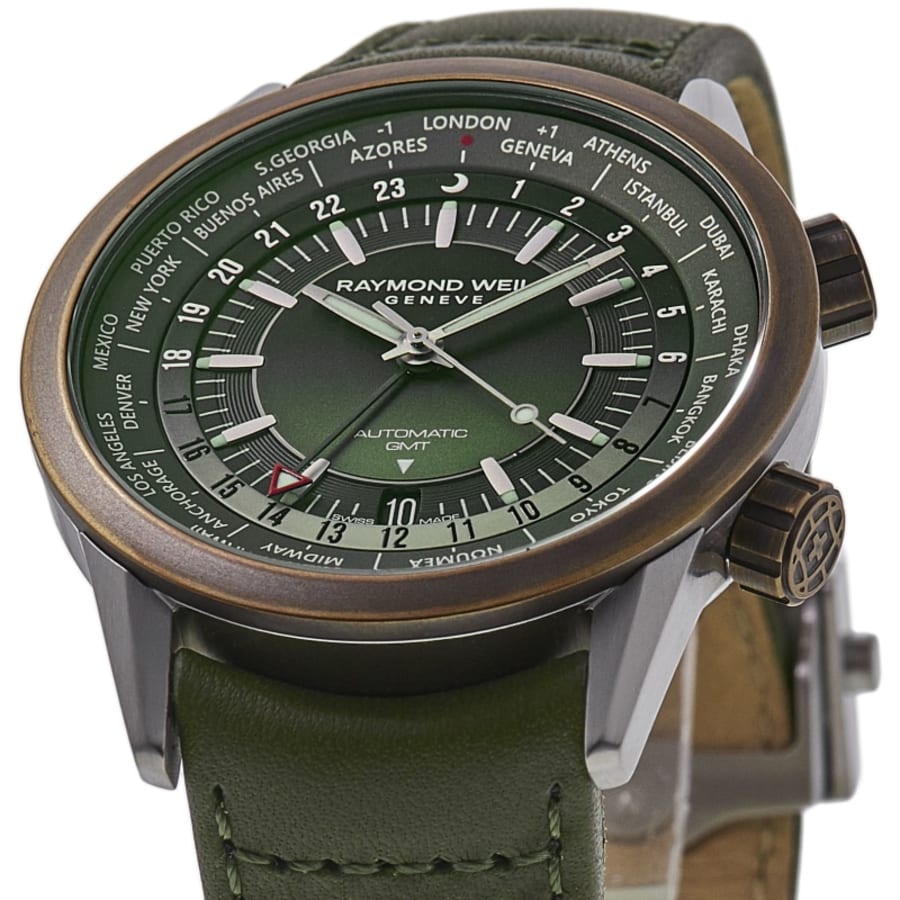 Raymond Weil Freelancer Automatic GMT Worldtimer Green Dial Bronze Bezel Leather Strap Men's Watch 2765-SBC-52001