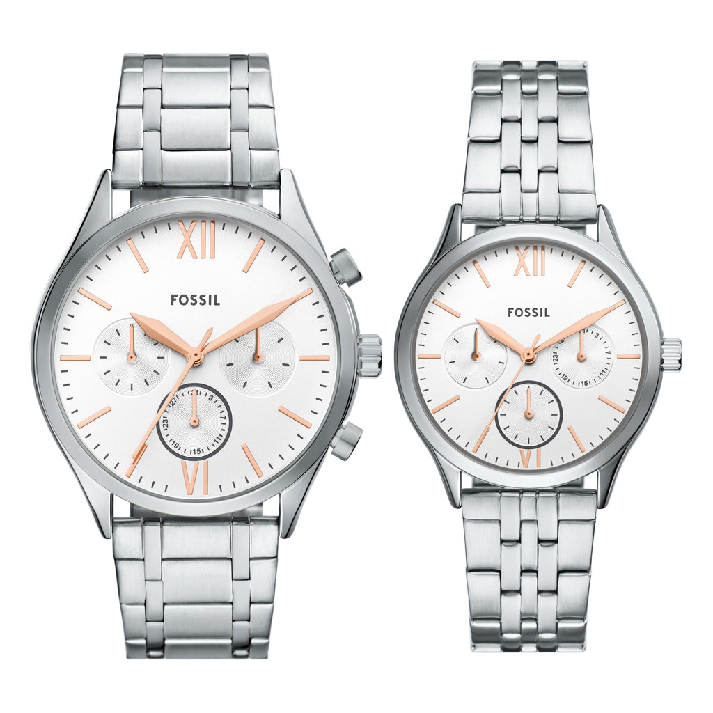 Fossil Men's Fenmore 44mm Multifunction Silver-Tone Bracelet Watch Set