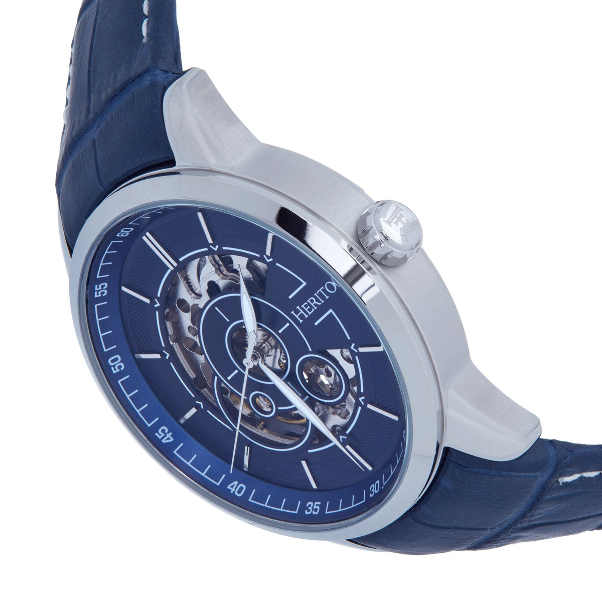 Heritor Automatic Davies Semi-Skeleton Leather-Band Watch - Silver/Navy