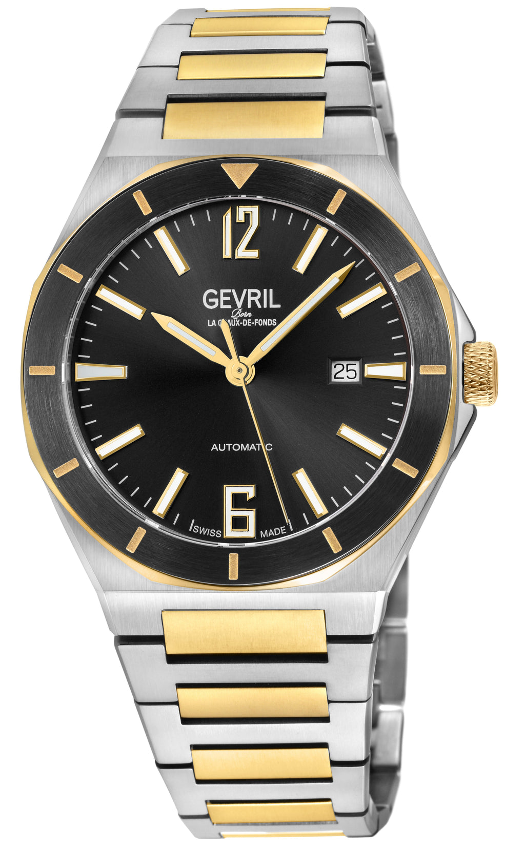 Gevril Men's High Line Automatic Watch Stainless Steel Case, Top ring in Black Sapphire Crystal, Two toned Stainless Steel IPYG  Bracelet