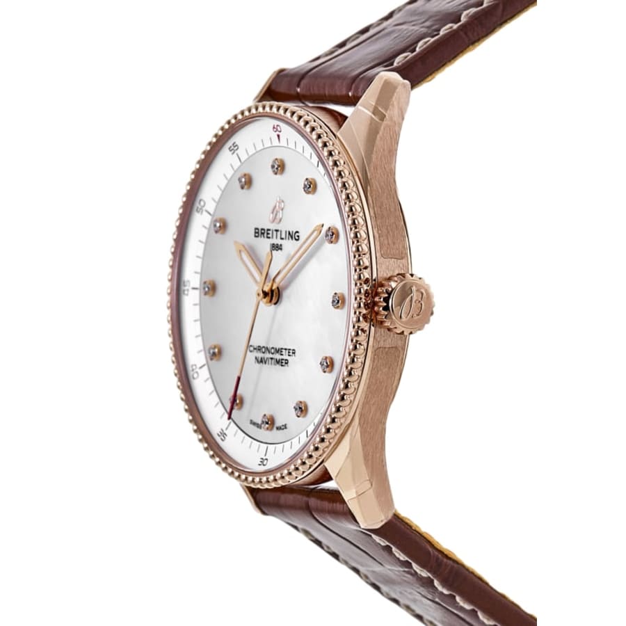 Breitling Navitimer 32 18kt Rose Gold Pearl Diamond Dial Leather Strap Women's Watch R77320E61A1P1