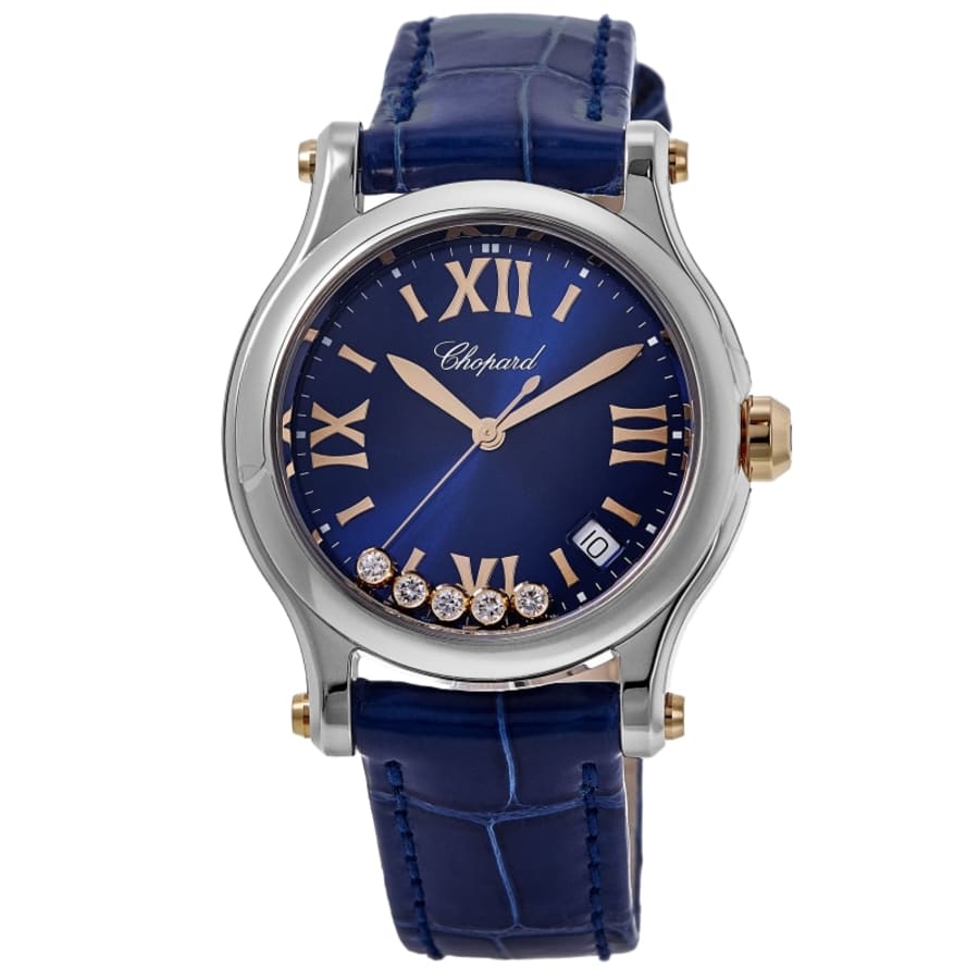 Chopard Happy Sport Round 36mm Blue Diamond Dial Leather Strap Women's Watch 278582-6012