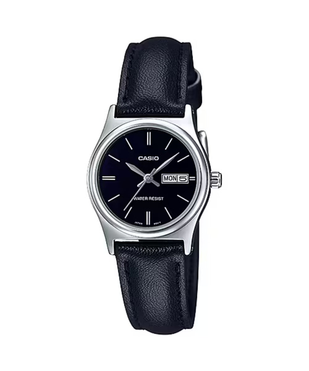 Casio Women’s Black Leather Strap Watch with Black Dial - LTP-V006L-1B2UDF
