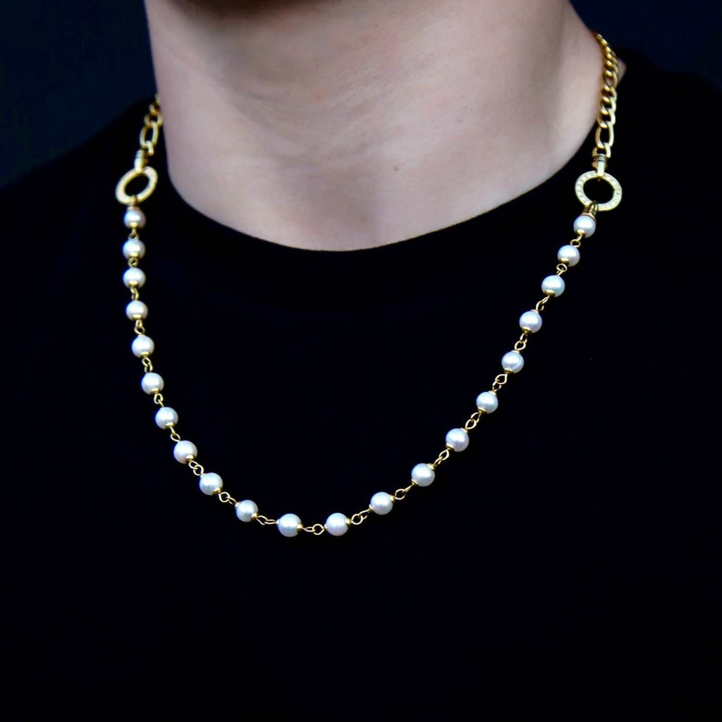 Figaro Link + Pearl Chain in Yellow Gold