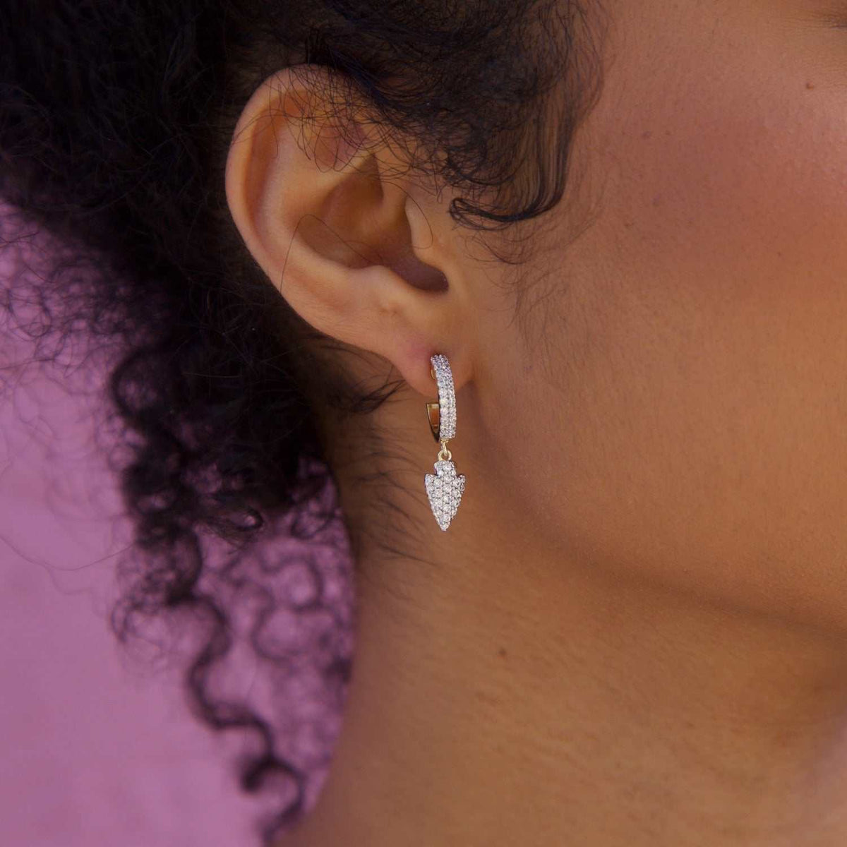 Iced Arrow Head Drop Hoop Huggie Earring - Yellow Gold
