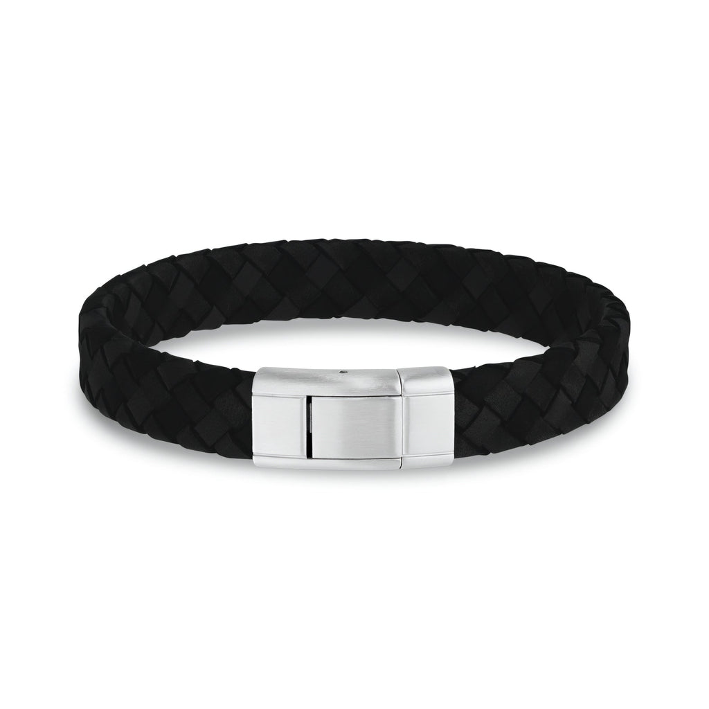 Black Leather Steel Clasp Bracelet