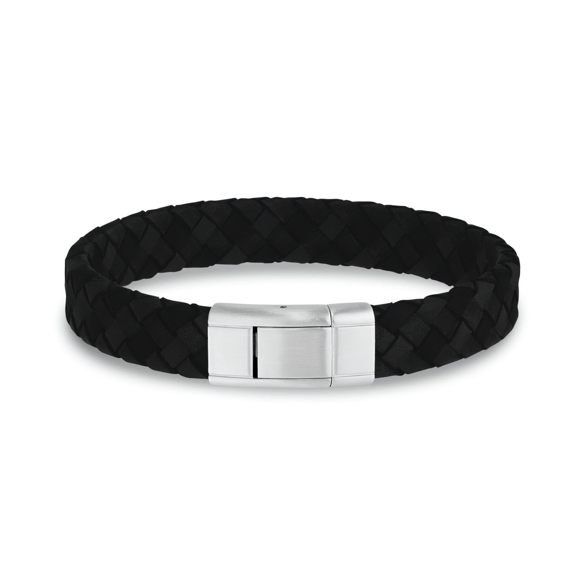 Black Leather Steel Clasp Bracelet