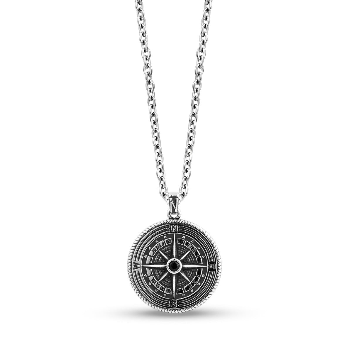 Black Stone Detailed Compass Pendant