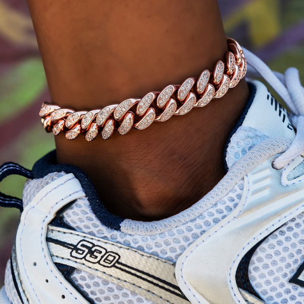 12MM Diamond Cuban Anklet in Rose Gold