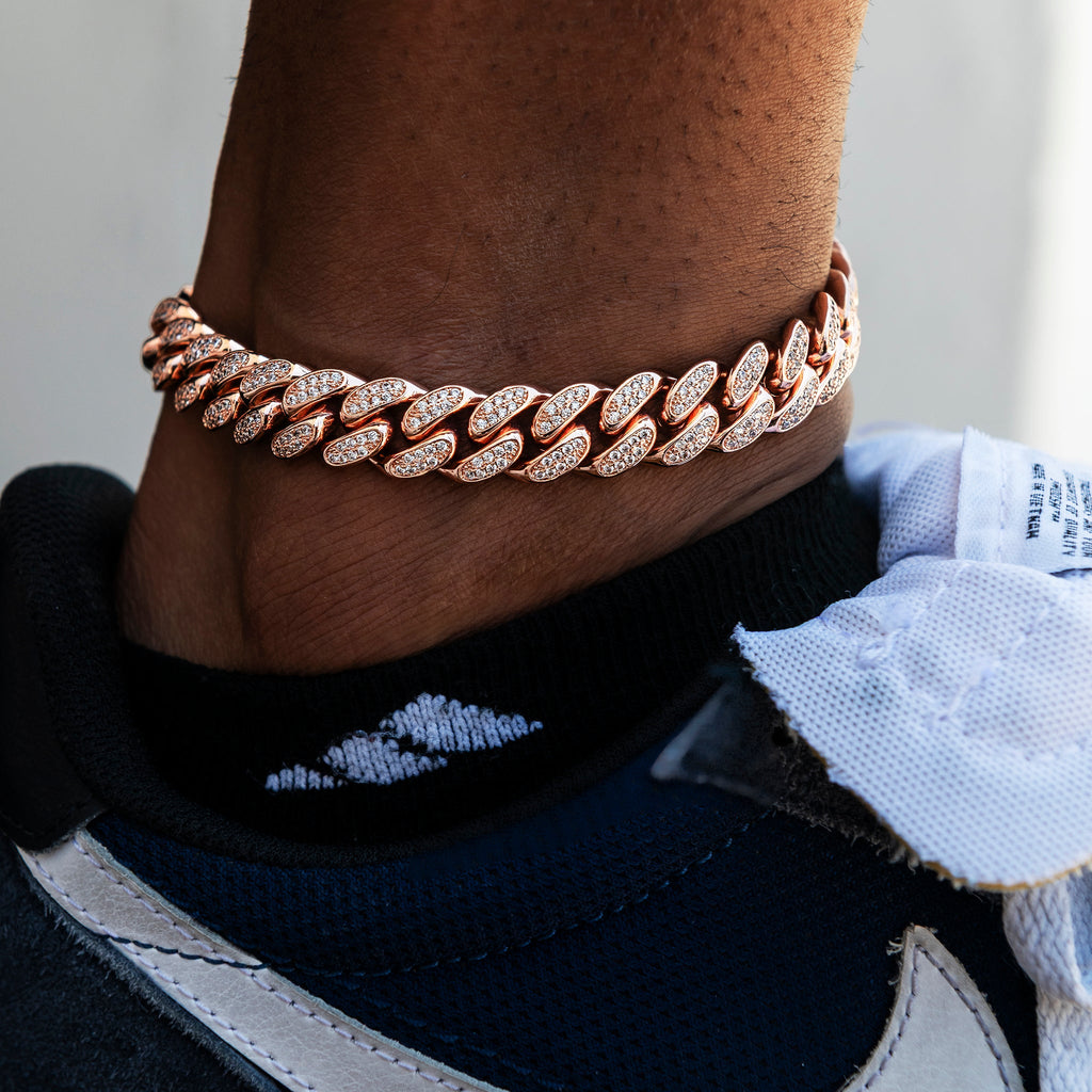 12MM Diamond Cuban Anklet in Rose Gold