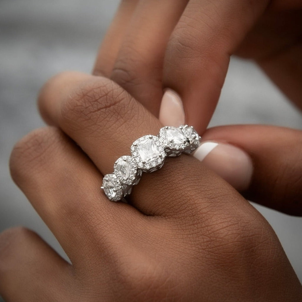 Mixed Diamond Pave Ring in White Gold Vermeil