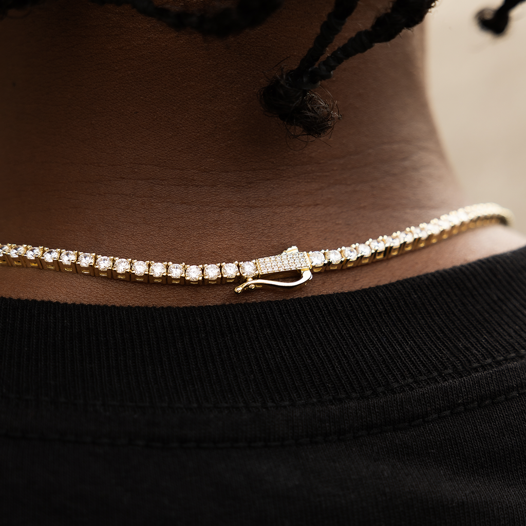 Malik Nabers One Handed Catch Pendant + 3mm Diamond Tennis Necklace in Yellow Gold Bundle