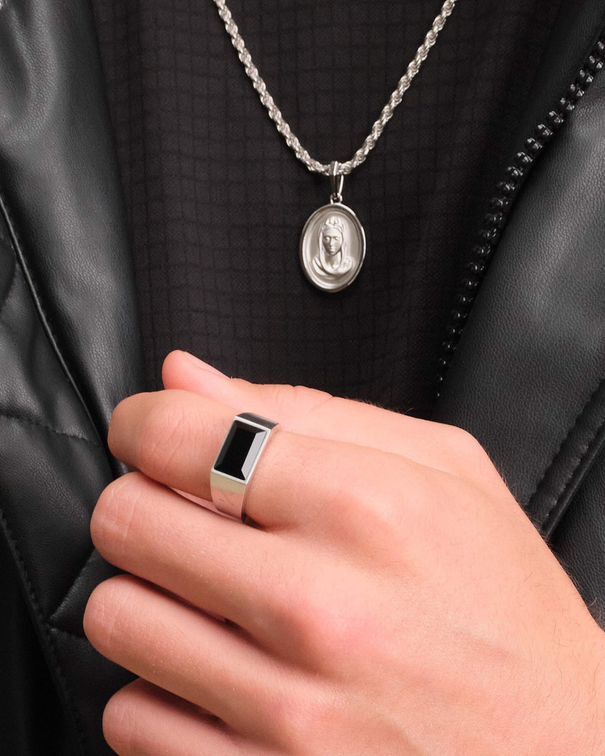 Beveled Onyx Signet Ring Silver
