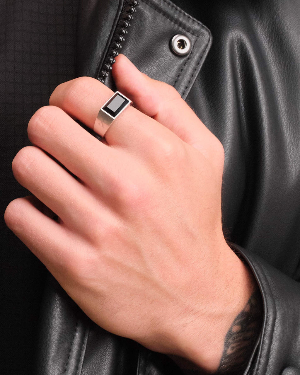 Beveled Onyx Signet Ring Silver