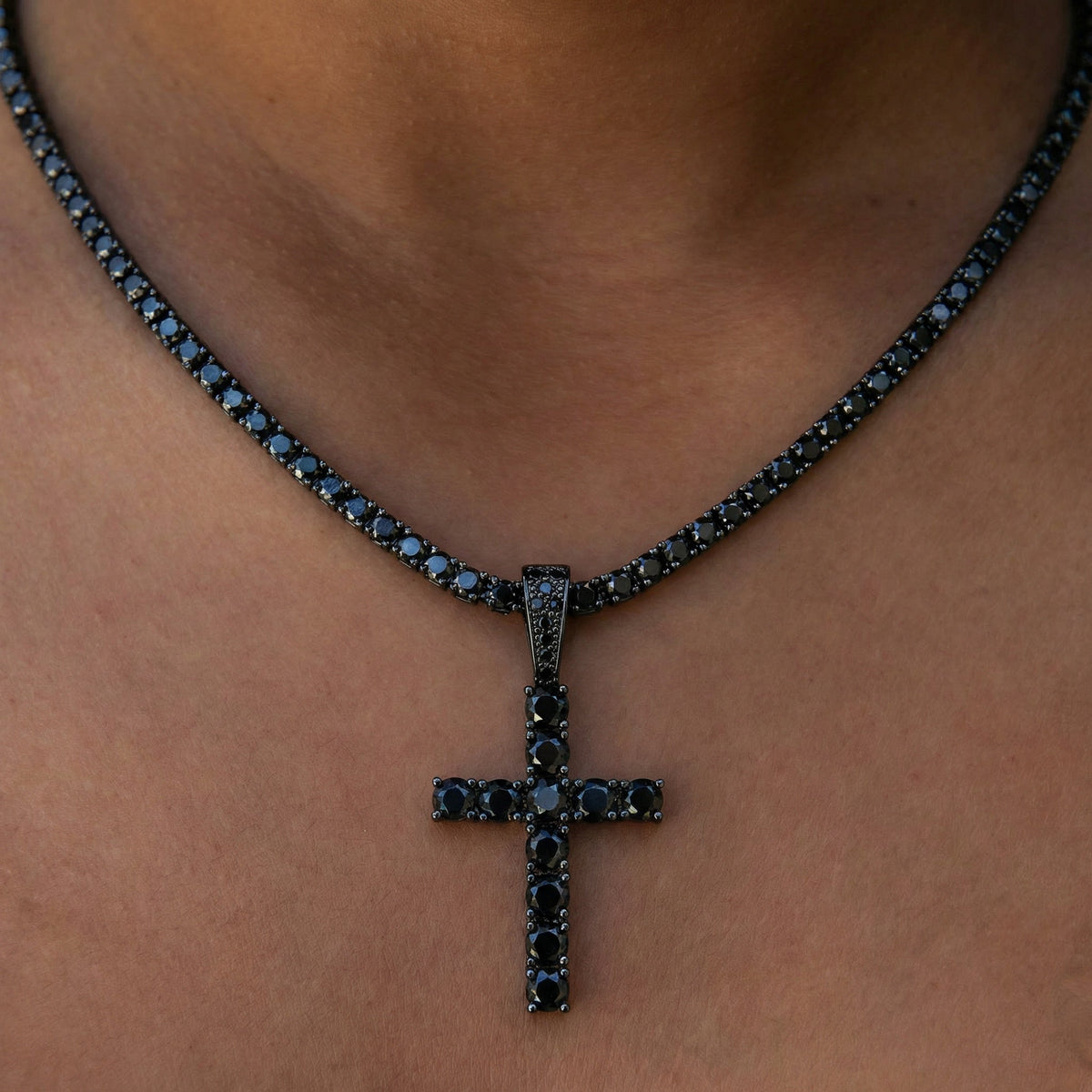 Black Stone Diamond Cross Pendant in Black