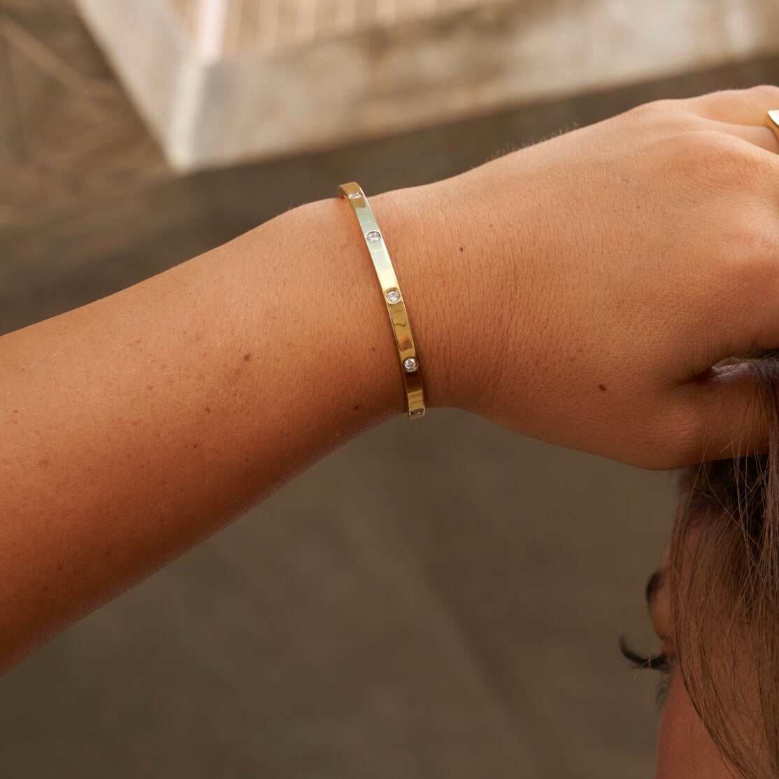 Stationed Stone Open Cuff Bracelet - Yellow Gold
