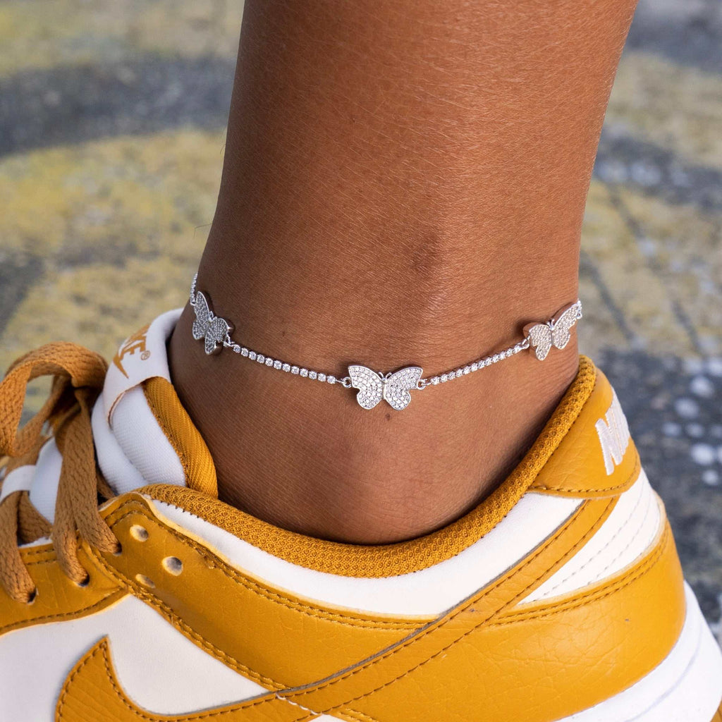 Micro Butterfly Tennis Anklet in White Gold