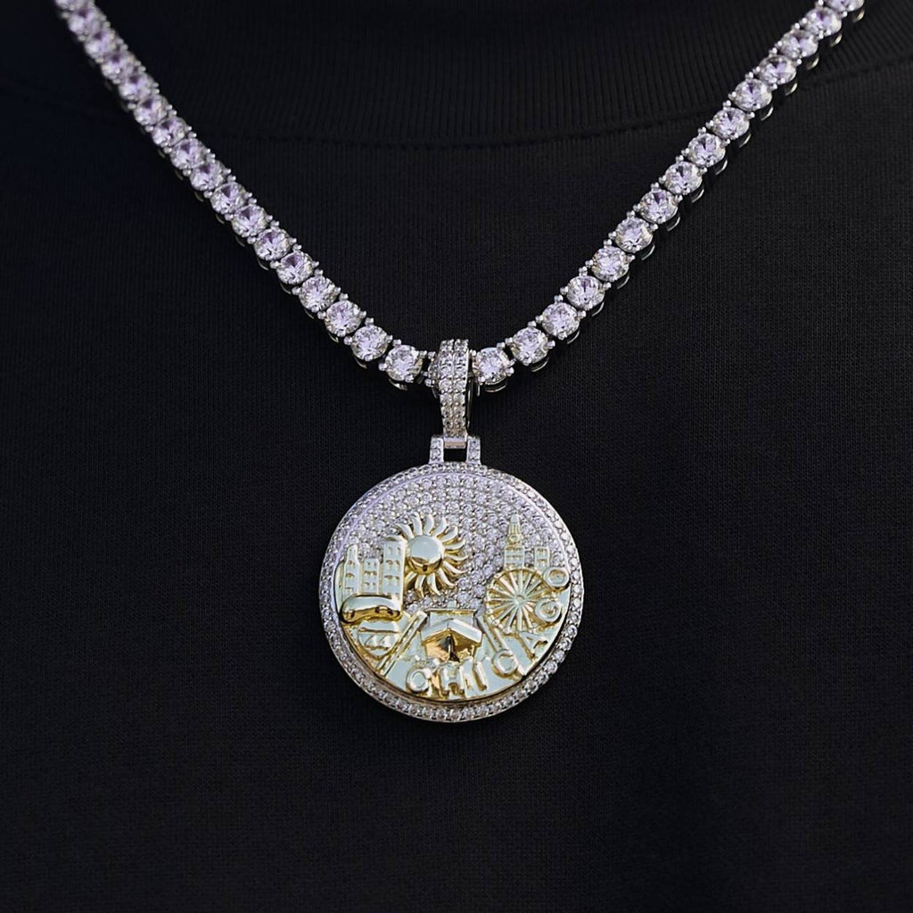 Iced Chicago Pendant in White Gold
