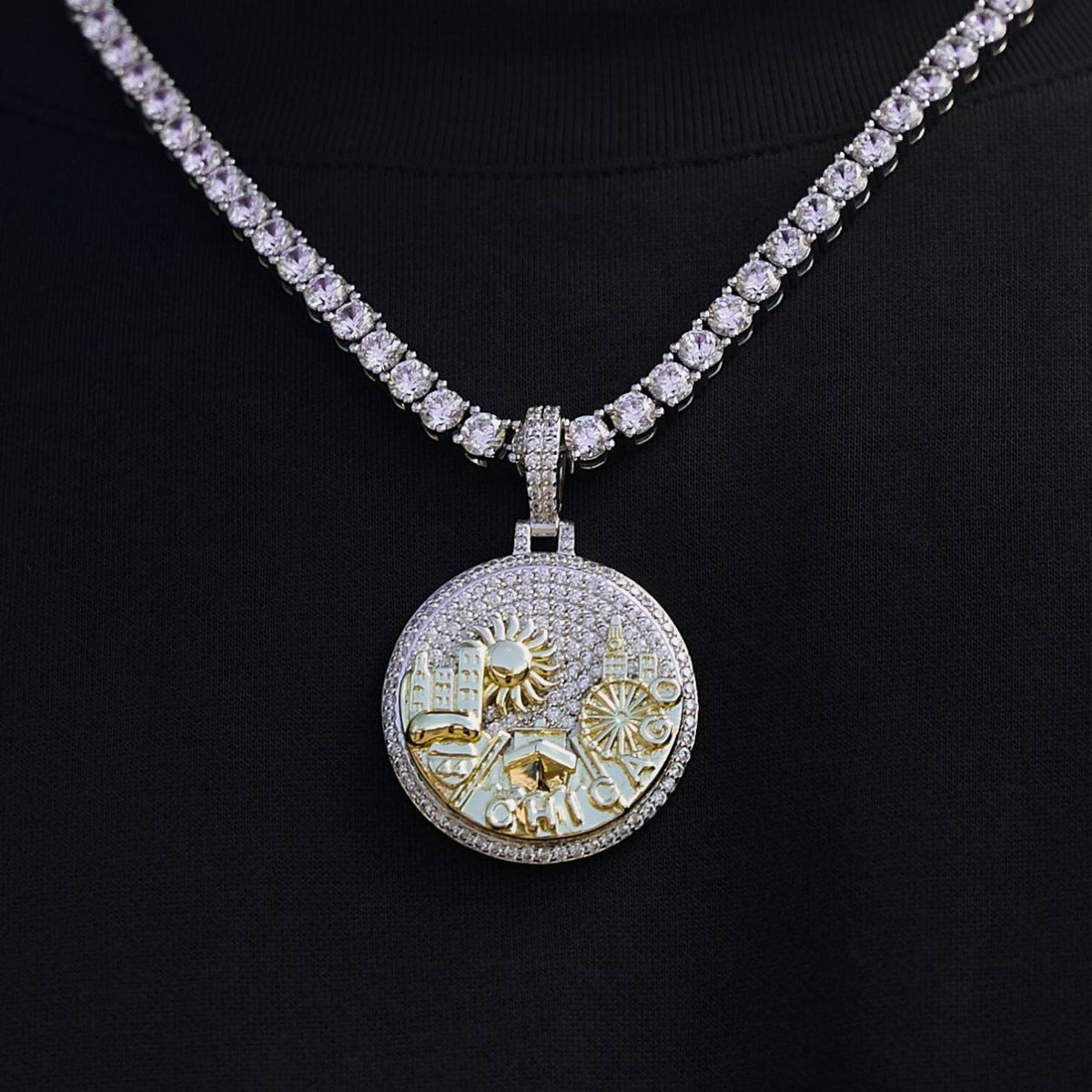 Iced Chicago Pendant in White Gold
