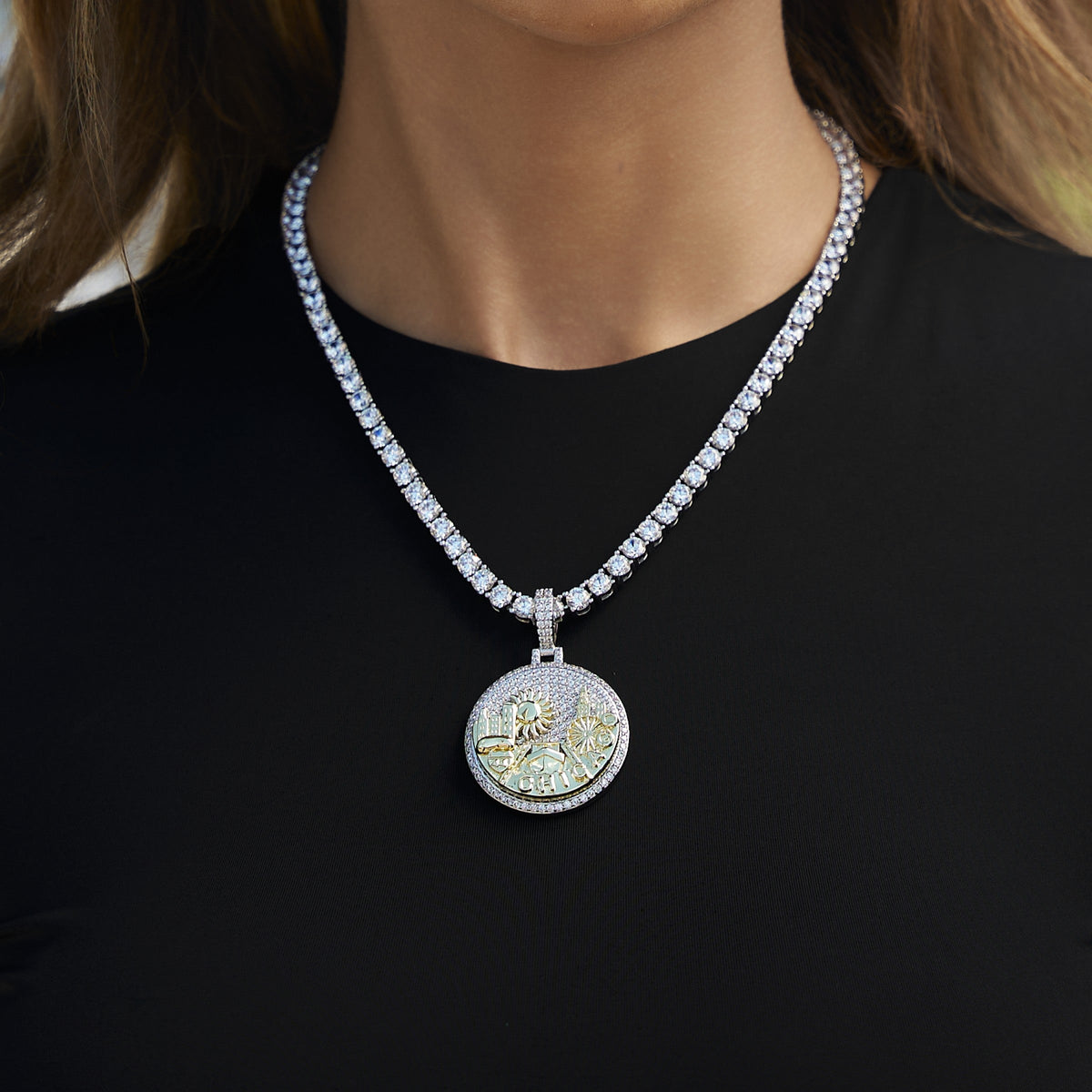 Iced Chicago Pendant in White Gold