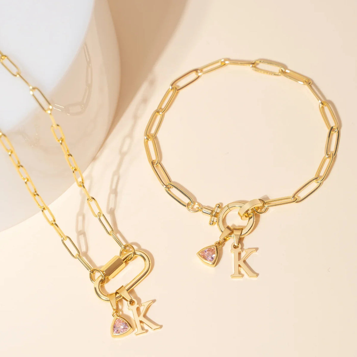Initial Birthstone w/ Paper Clip Bracelet