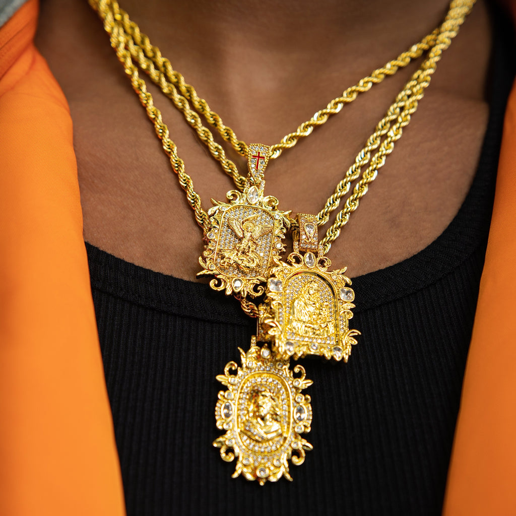 Iced Medieval Saint Michael Dragon Pendant in Yellow Gold