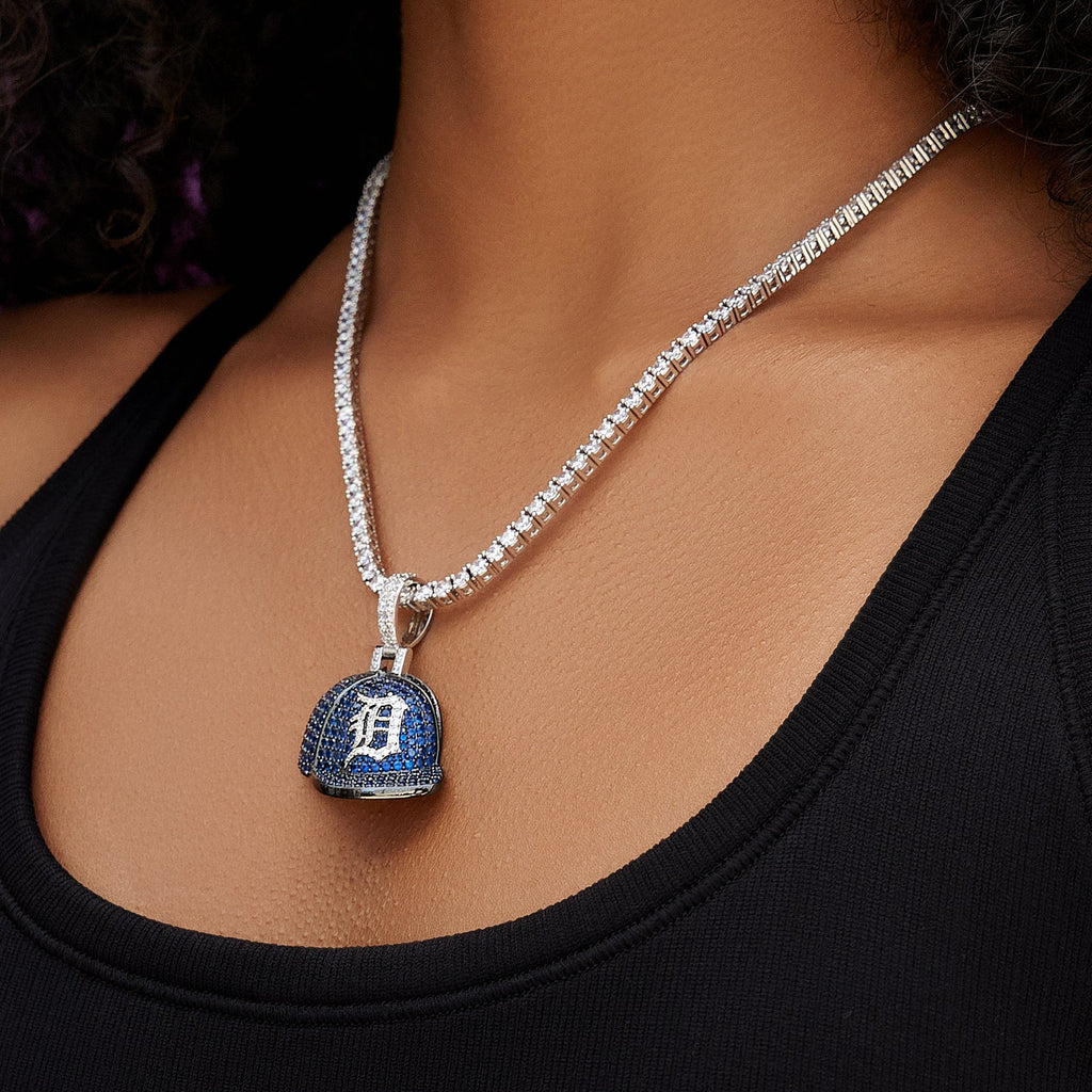 Detroit Tigers Official MLB Baseball Cap Pendant in White Gold