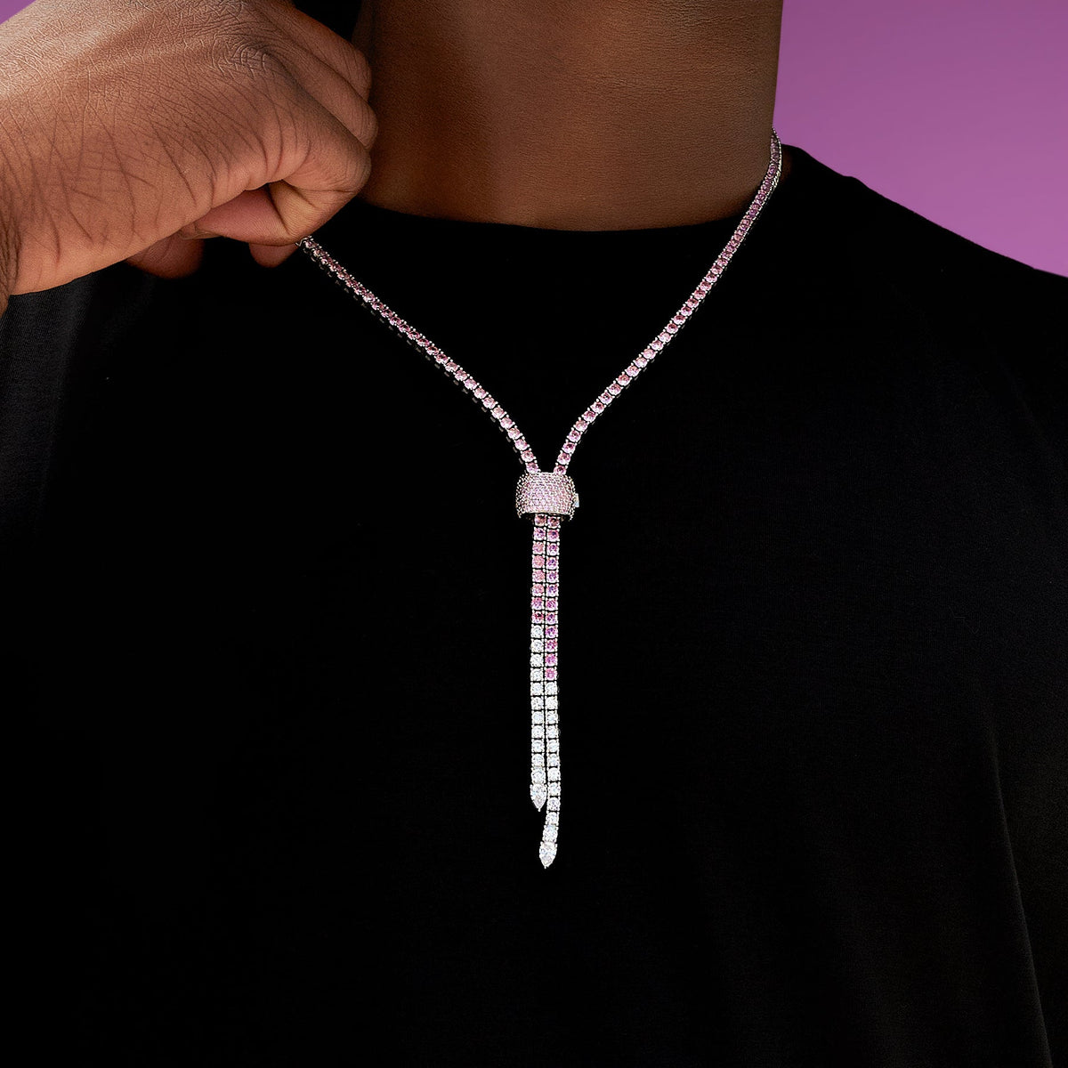 Pink Diamond Tennis Bolo Chain in White Gold - 3MM