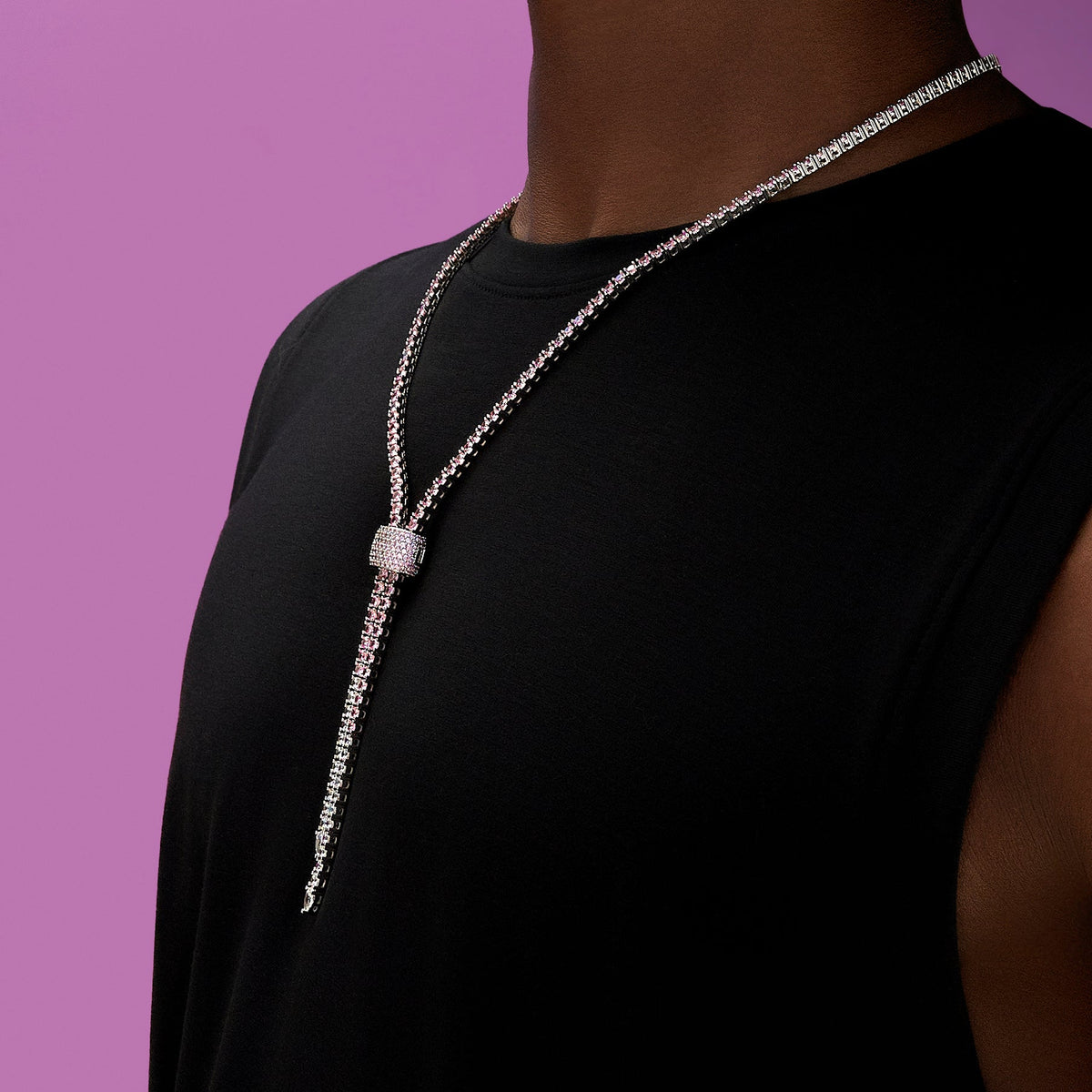 Pink Diamond Tennis Bolo Chain in White Gold - 3MM