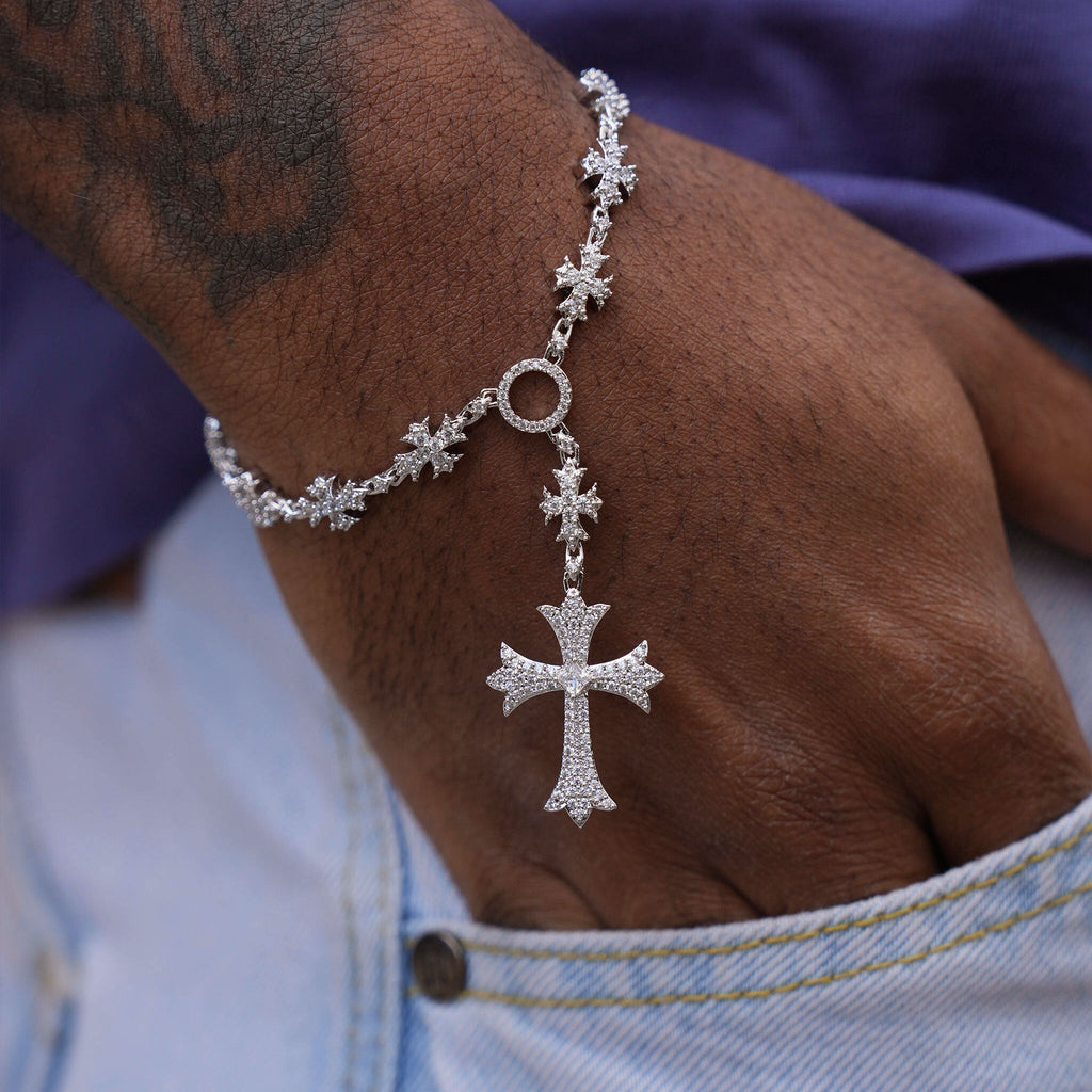 Iced Flared Cross Rosary Bracelet in White Gold