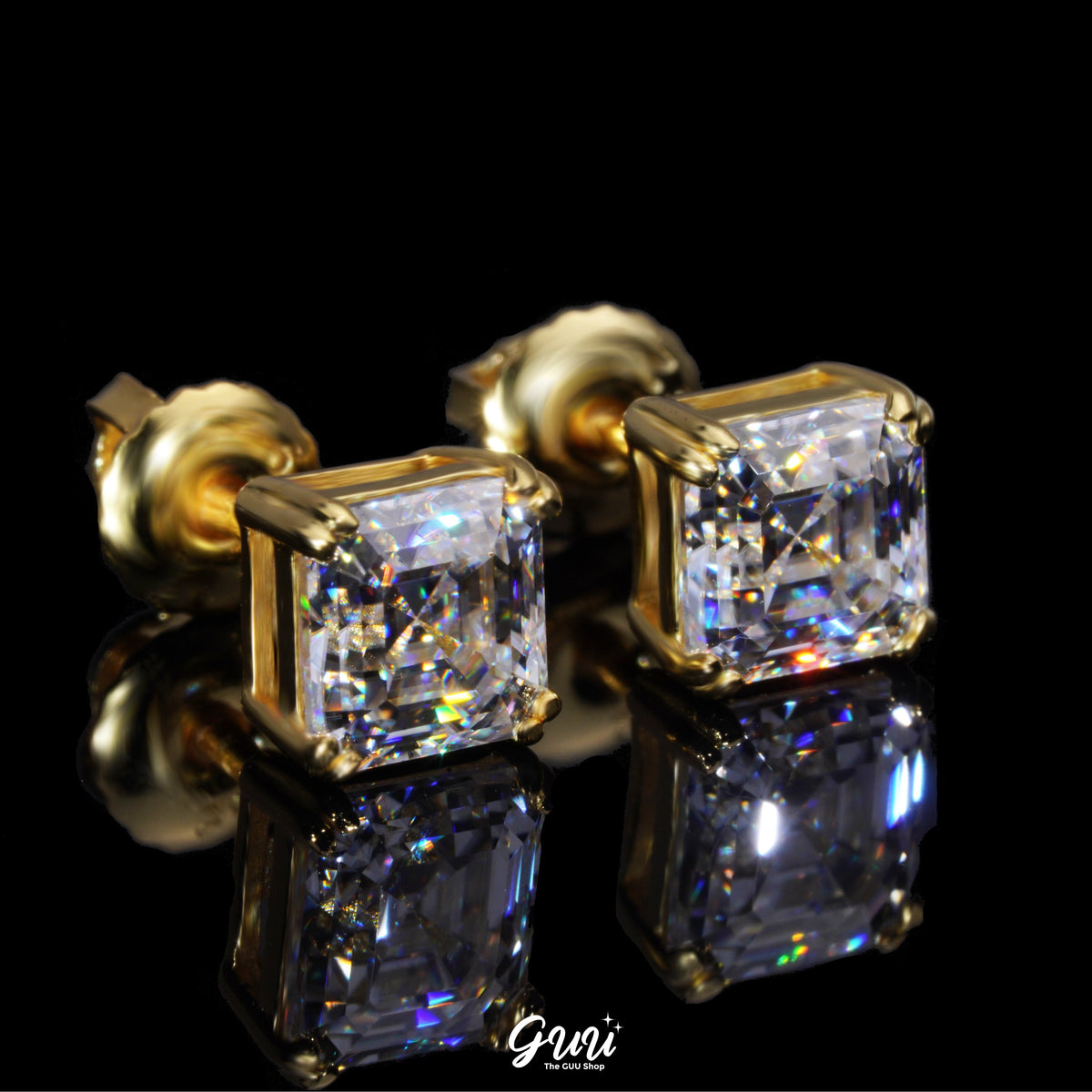 925S & VVS Moissanite Asscher Cut Stud Earrings In 18K Gold