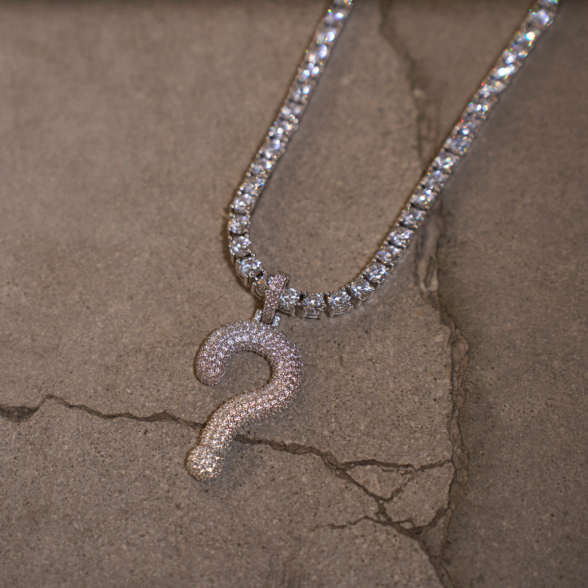 GLD x IDK New York Moissanite Iced Question Mark Pendant in Sterling Silver