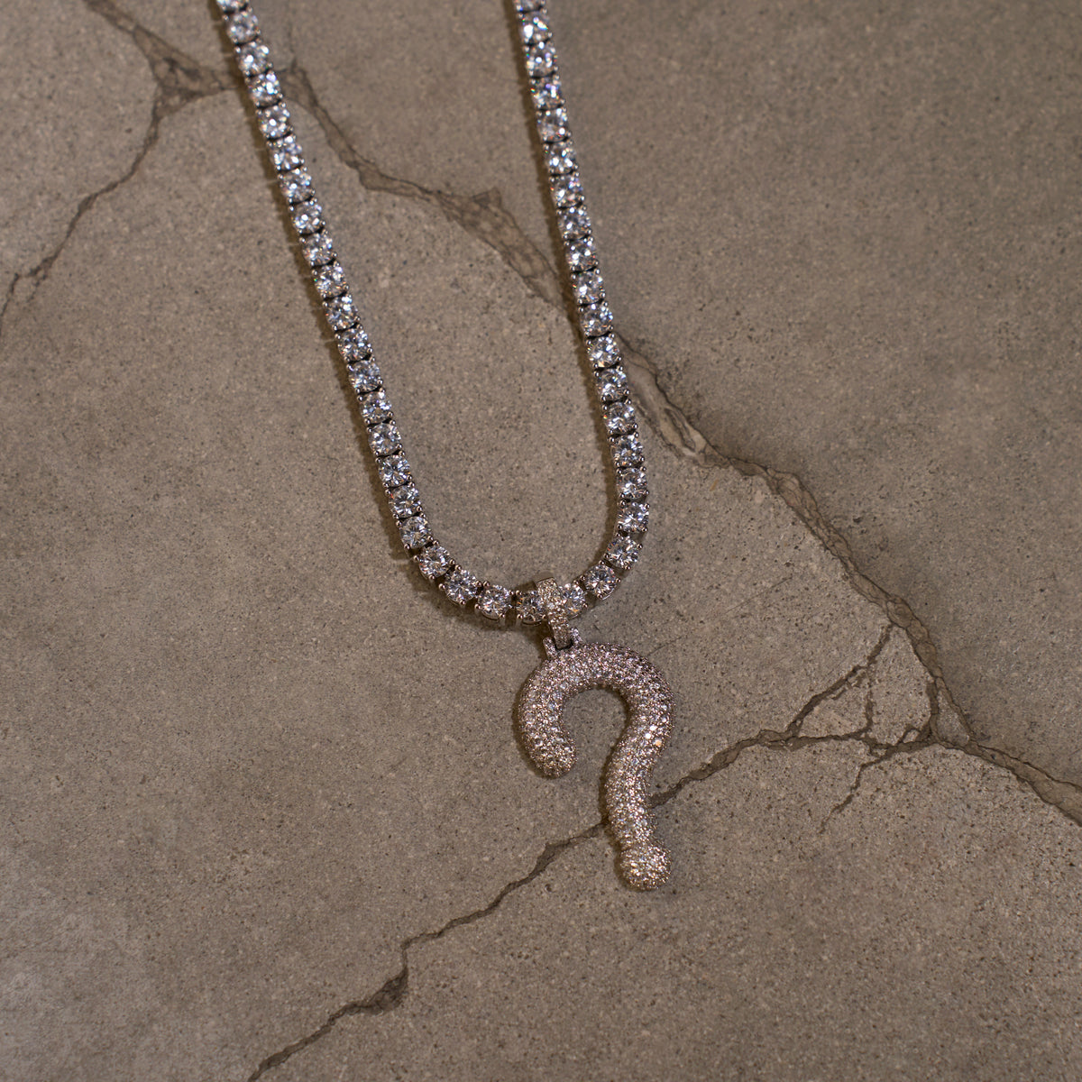 GLD x IDK New York Moissanite Iced Question Mark Pendant in Sterling Silver