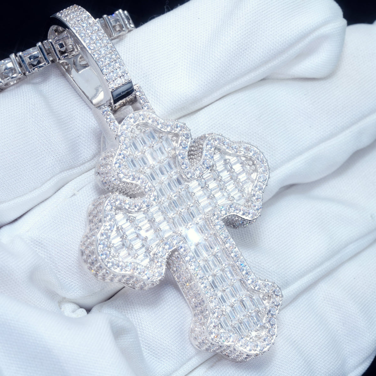 Iced Baguette Gothic Cross Necklace
