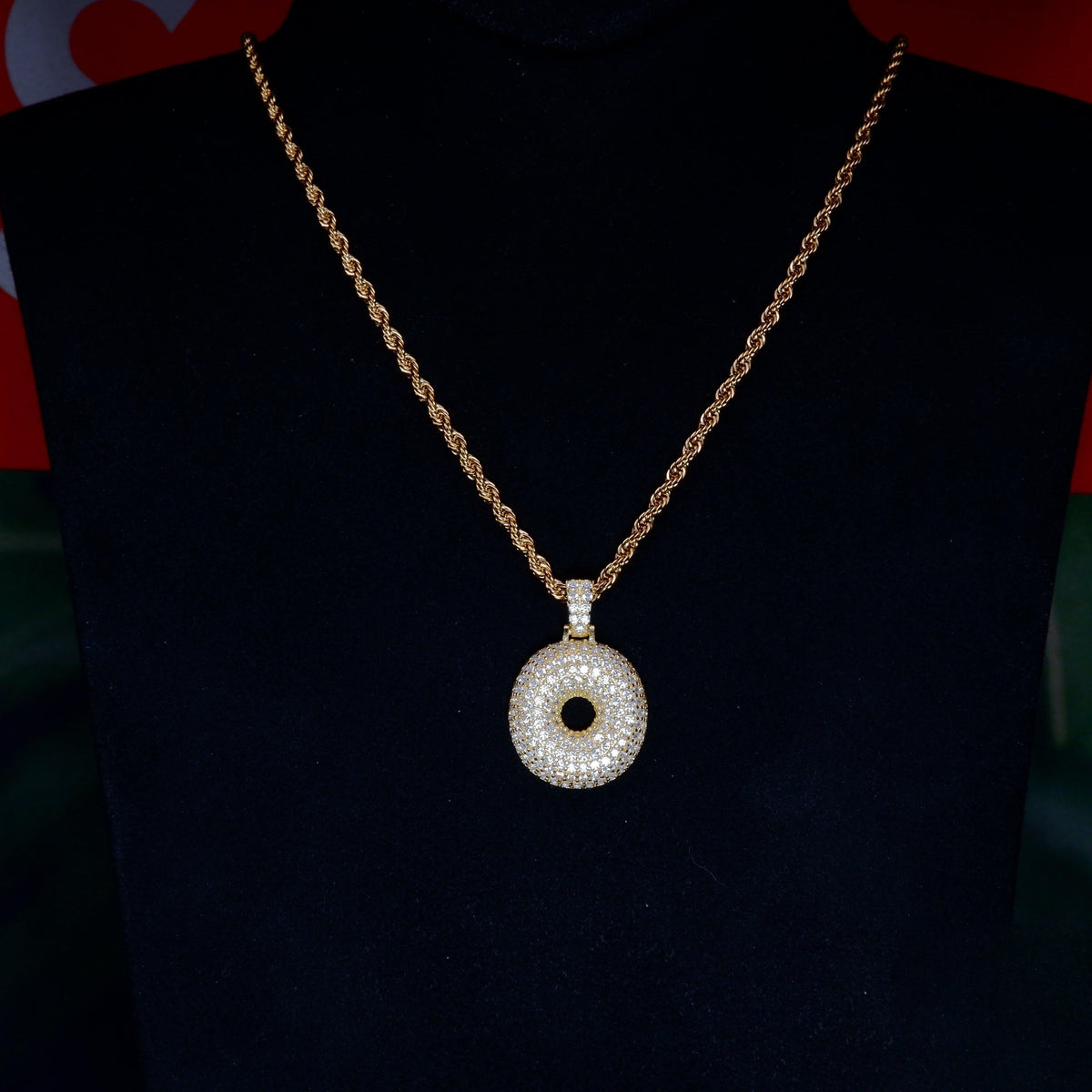 S925 Silver Diamond Doughnut/Donuts BlingBling Iced Pendant In Gold-Plated